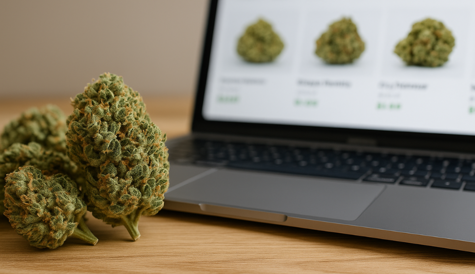 Fresh sativa cannabis buds beside laptop displaying online dispensary listings for easy purchase