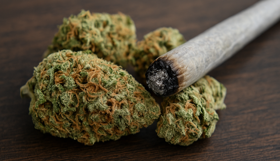 Smoked cannabis joint resting on fresh indica buds on wooden surface for final thoughts on perfect strain