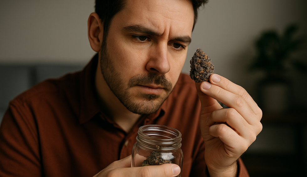 Man closely inspecting a dark purple Black Diamond cannabis bud while holding a jar filled with more buds