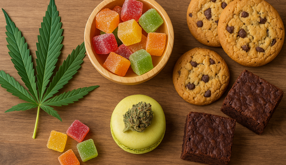 Colorful cannabis gummies, cookies, brownies, and a green macaron with a cannabis leaf arranged on a wooden surface