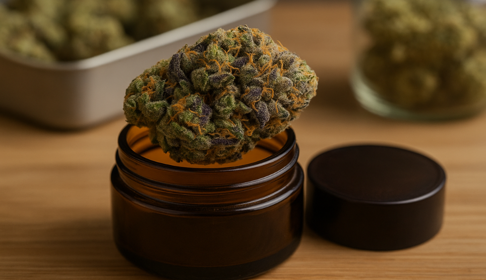 Frosty Cherry Pie cannabis bud resting on the rim of an amber glass jar with more buds in the background