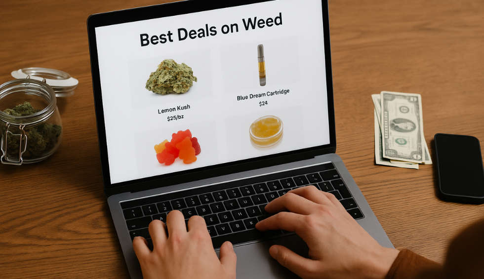 Hands on laptop keyboard browsing best online weed deals with cannabis products, cash, and phone on wooden table