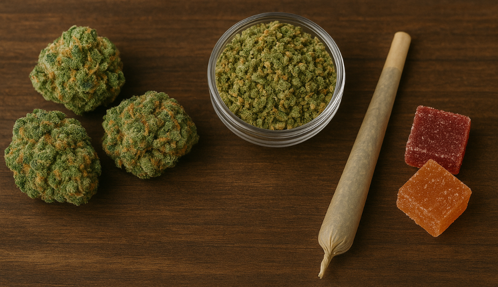 Different ganja strain formats displayed: dried buds, ground cannabis, pre-rolled joint, and colorful cannabis gummies