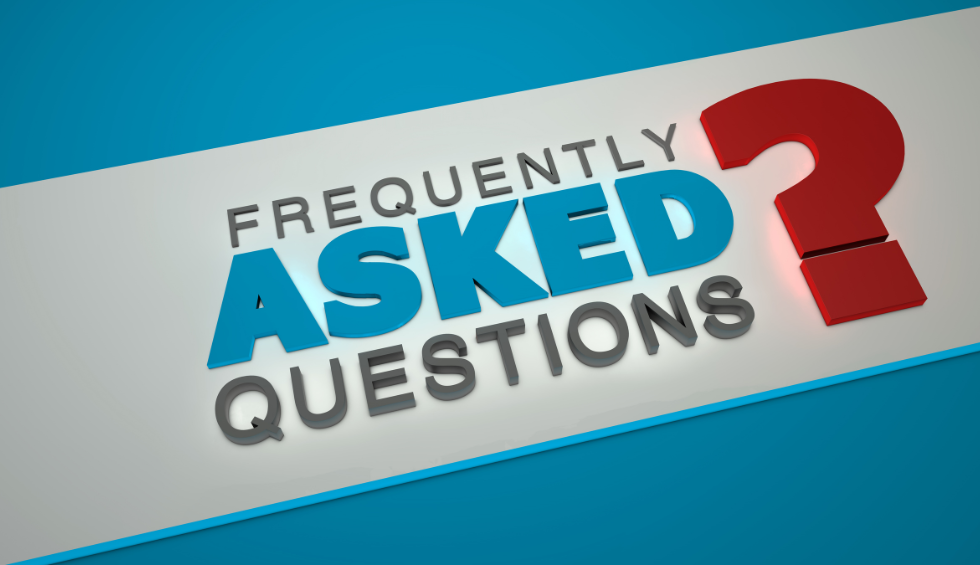 3D text graphic showing “Frequently Asked Questions” with a large red question mark on a blue and white background
