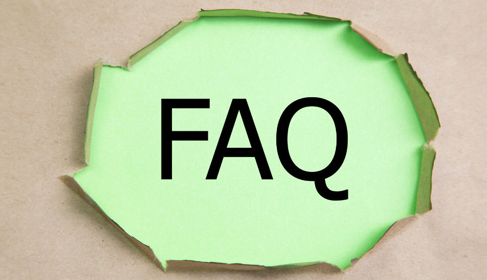 FAQ text displayed on a green background revealed through torn brown paper, representing frequently asked questions section