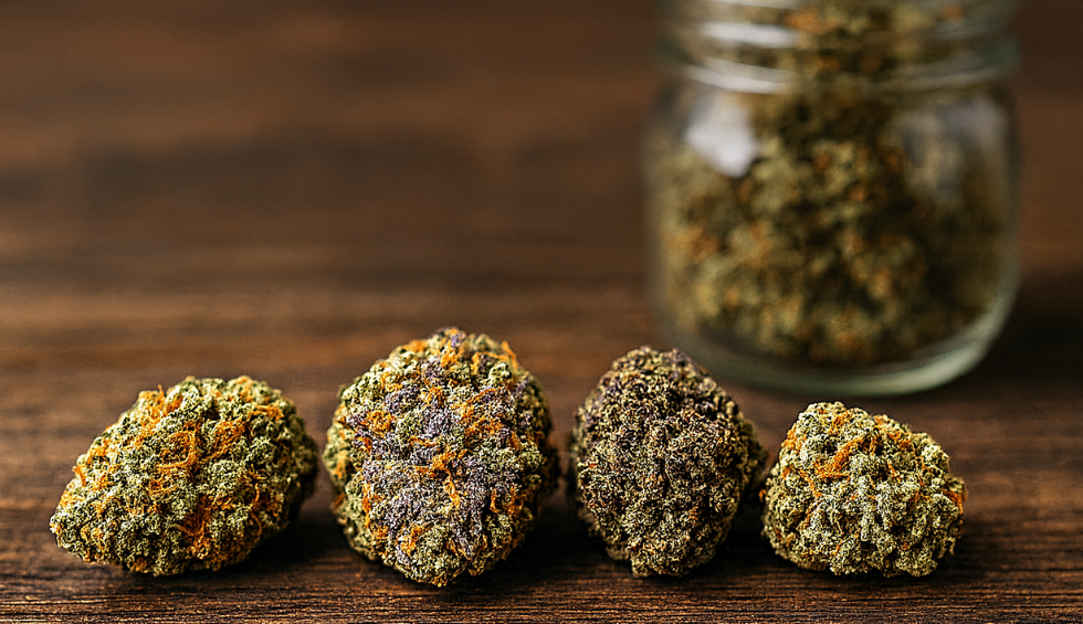 Close-up of assorted colorful ganja buds lined up on a wooden table with a glass jar of cannabis in the background