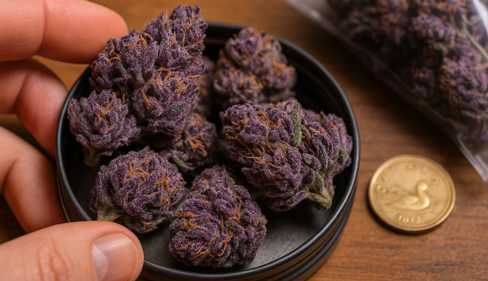 Hand holding container of dense purple cannabis buds with Canadian coin nearby, ready to enjoy lasting highs