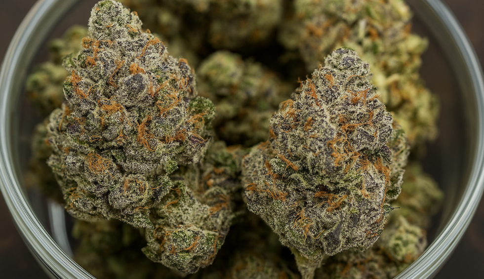 Frosty Grease Monkey cannabis buds showing vibrant green and purple hues with orange hairs in a glass jar