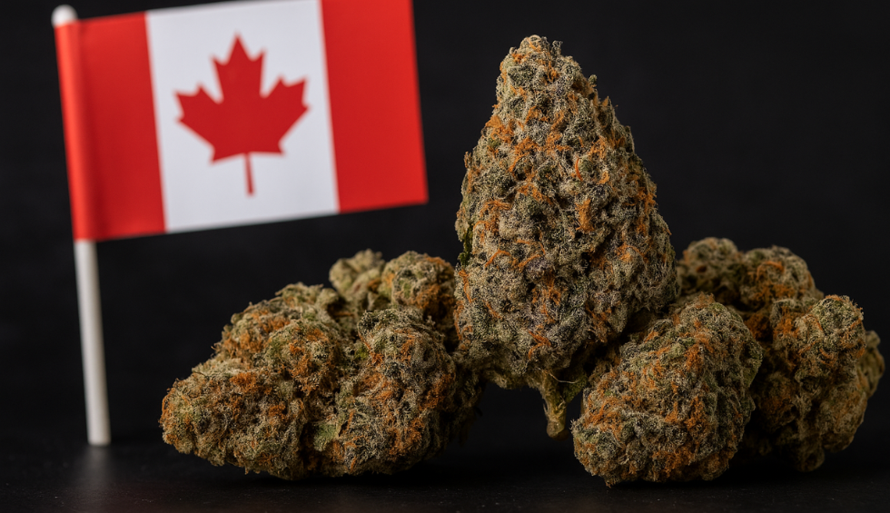 High THC indica cannabis buds with small Canadian flag on black background highlighting premium strains