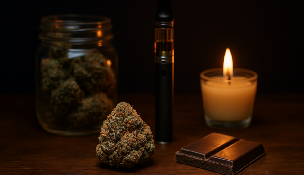 High THC indica cannabis bud with vape pen, chocolate edibles, and candle for relaxing nighttime chill
