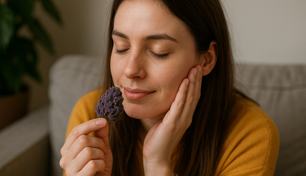 Woman smelling a purple cannabis bud with eyes closed, experiencing aroma and effects of different purple strains
