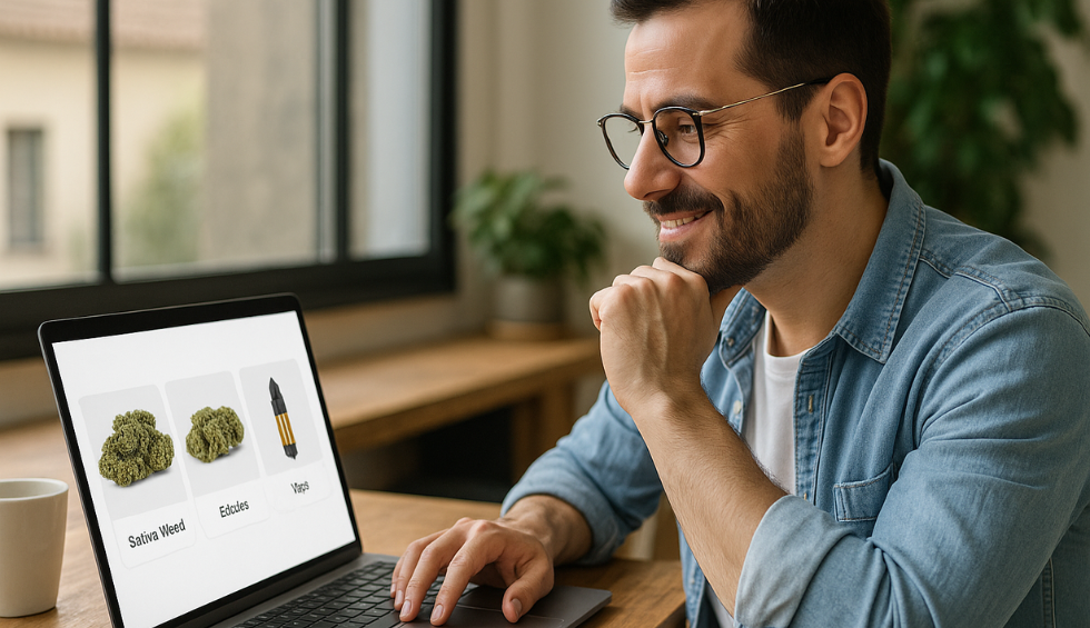 Man browsing online shop for sativa weed, edibles, and vapes on laptop at home office desk
