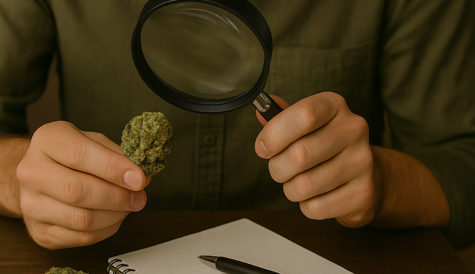 Person inspecting a cannabis bud with a magnifying glass over a notebook, illustrating how to personally choose ganja strains