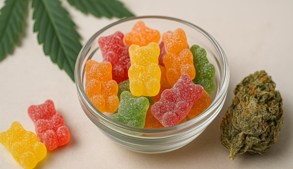 Glass bowl filled with colorful cannabis-infused gummy bears beside marijuana buds and fresh cannabis leaves on a light surface