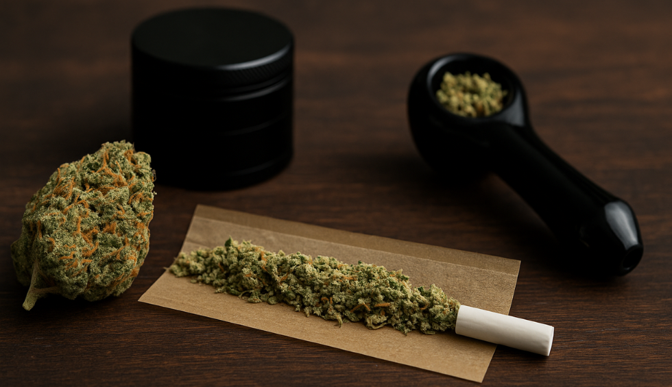 Ground Pink Goo cannabis on a rolling paper with a bud, grinder, and pipe nearby, showing ways to enjoy the strain