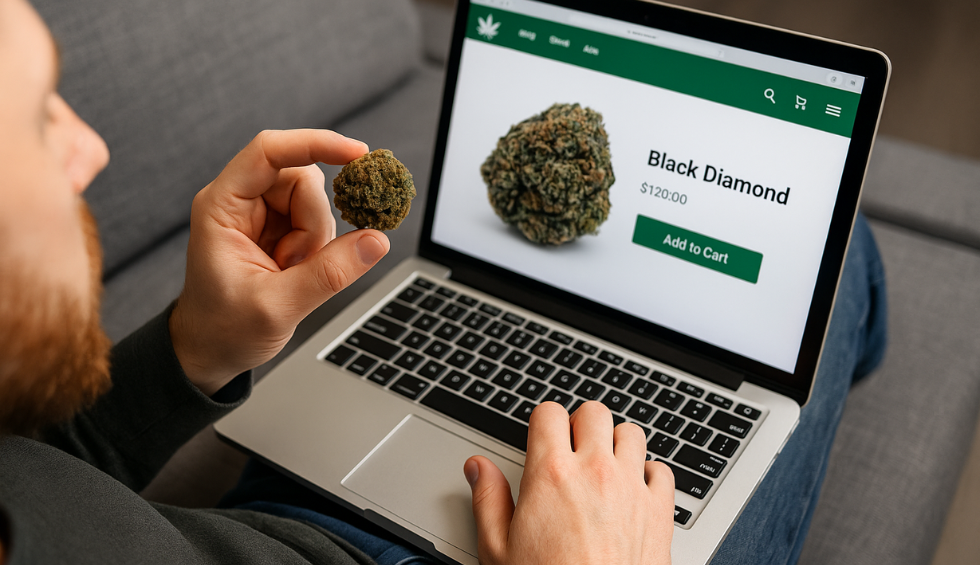 Man holding a cannabis bud while shopping online for Black Diamond strain on a laptop screen in Canada