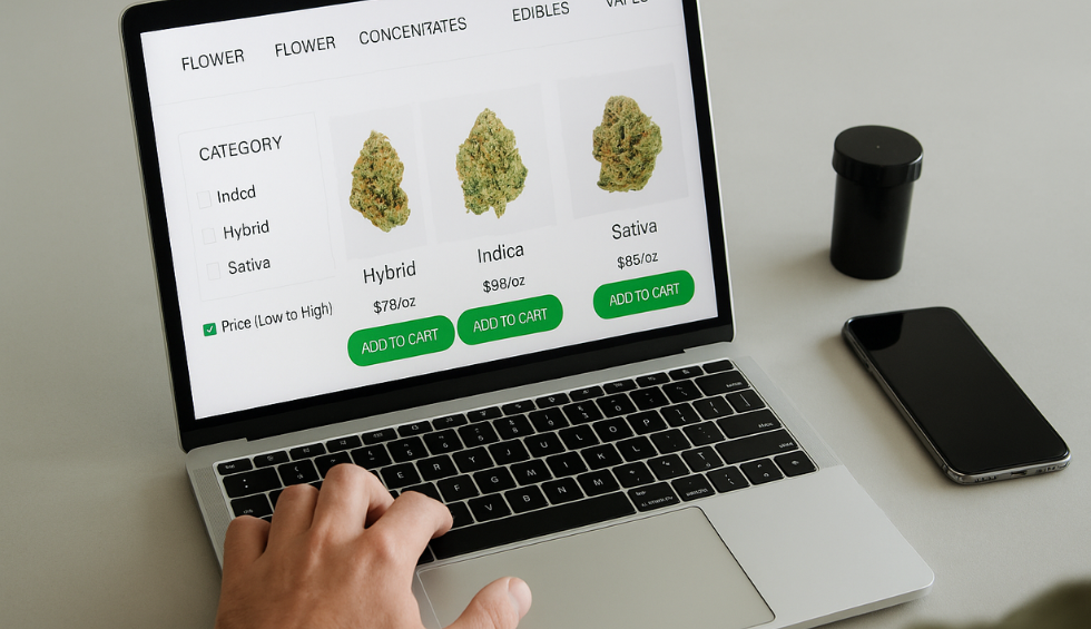 Person shopping for hybrid, indica, and sativa cannabis online on a laptop, comparing prices to buy cheap weed safely in Canada
