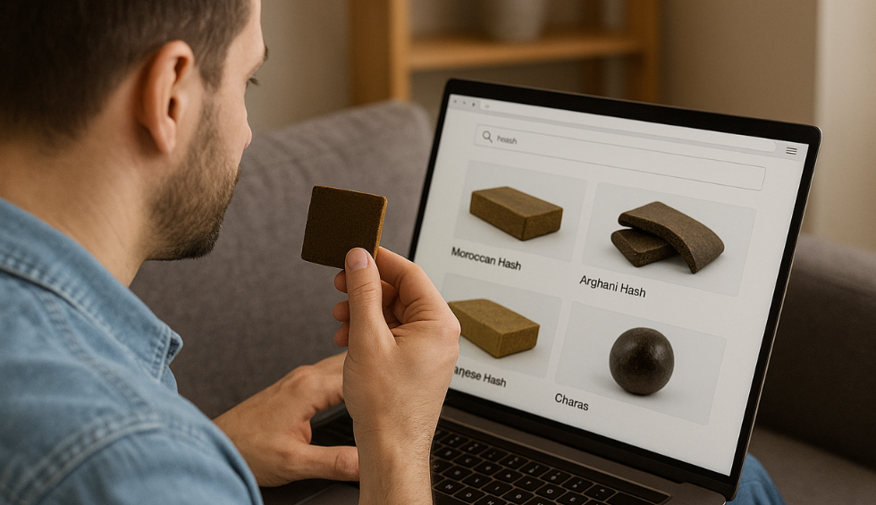 Man browsing different cannabis hash types online while holding a hash piece to choose the best in Canada