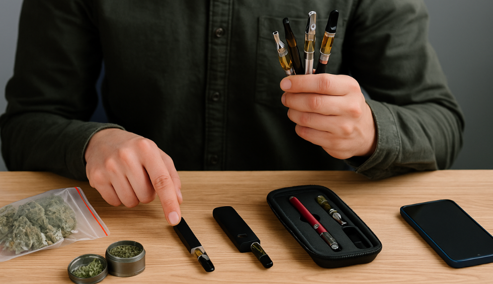 Person comparing multiple weed vape pens on a table with cannabis, grinders, and phone to choose the best vaping option