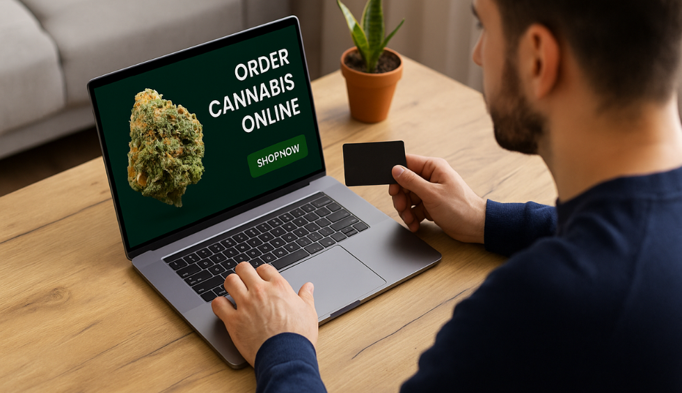 Man holding a credit card while ordering cannabis safely from an online weed dispensary on a laptop
