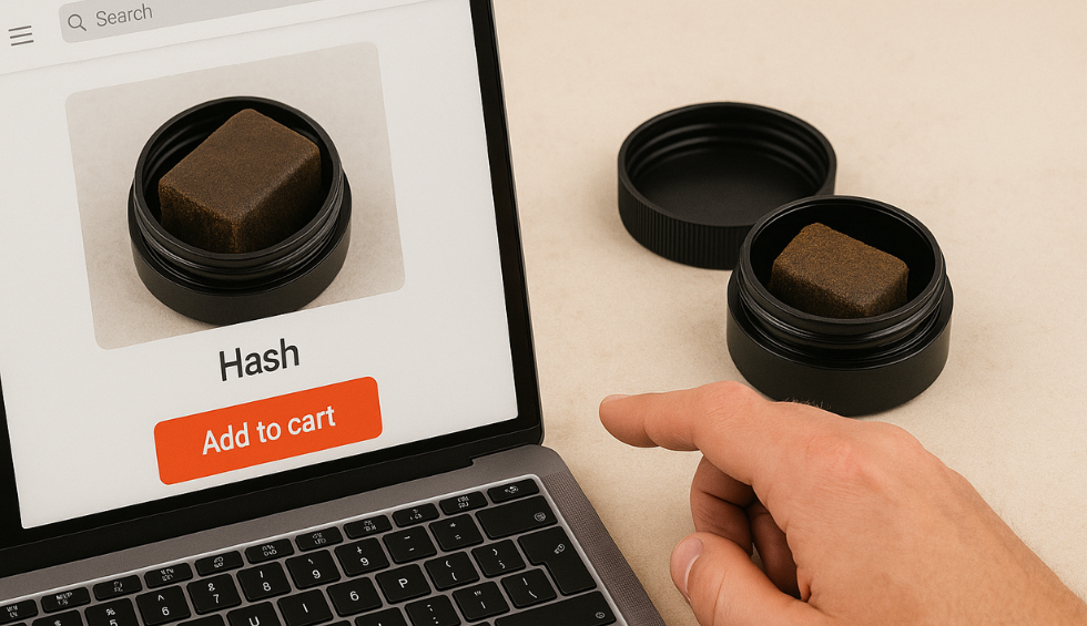 Person shopping for cannabis hash on laptop with product jar beside, illustrating safe online ordering in Canada