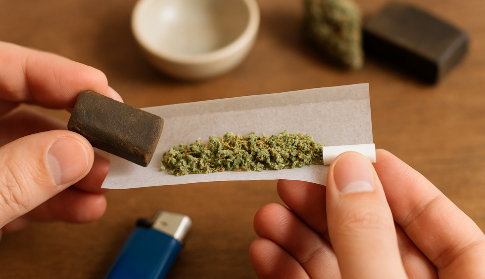 Hands rolling a hash joint with cannabis on paper, blue lighter and hash pieces on a wooden table in the background