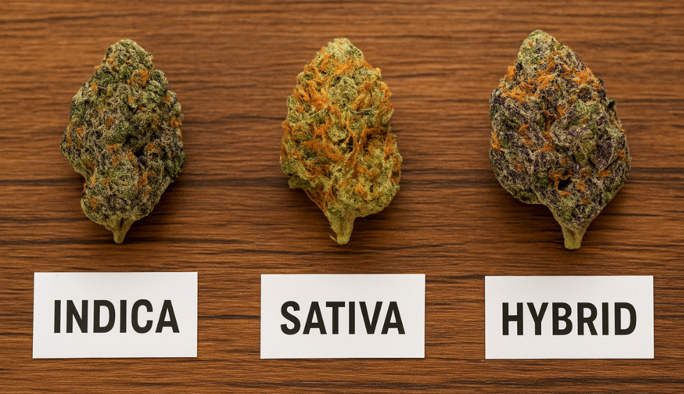 Three cannabis buds labeled Indica, Sativa, and Hybrid arranged on a wooden table for comparison