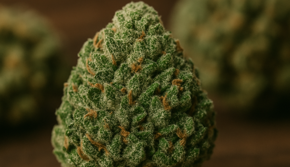 Close-up of a dense indica cannabis bud with frosty trichomes and orange pistils against a blurred brown background
