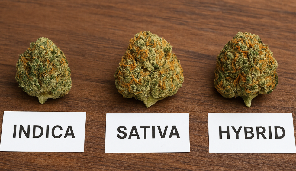Cannabis buds labeled Indica, Sativa, and Hybrid side by side on wooden surface for easy strain comparison