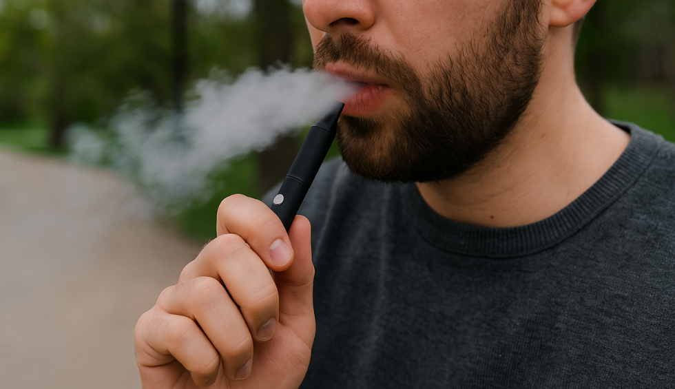 Man exhaling vapor while using a weed vape pen outdoors, showing risk of inhaling too quickly or too often