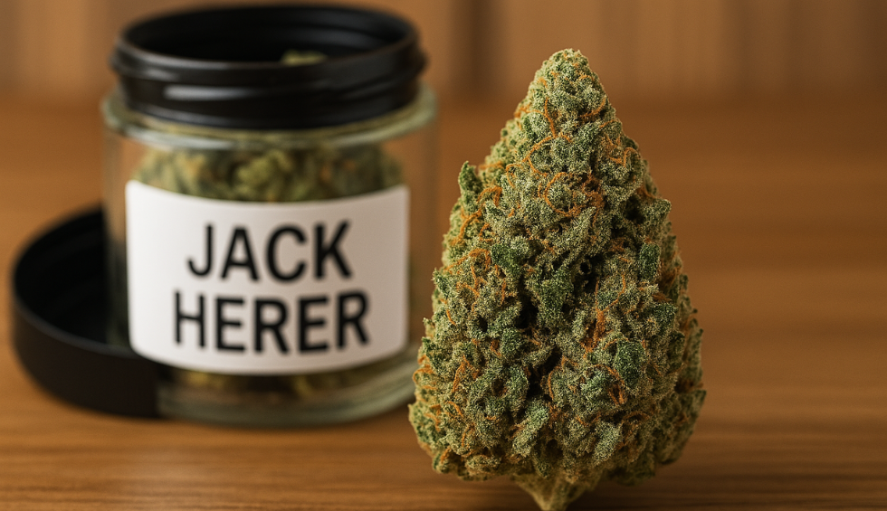 Close-up of Jack Herer cannabis bud with labeled glass jar in background on wooden surface