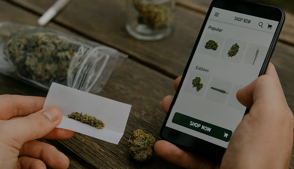Person rolling cannabis while browsing online dispensary deals on smartphone to save money and stress