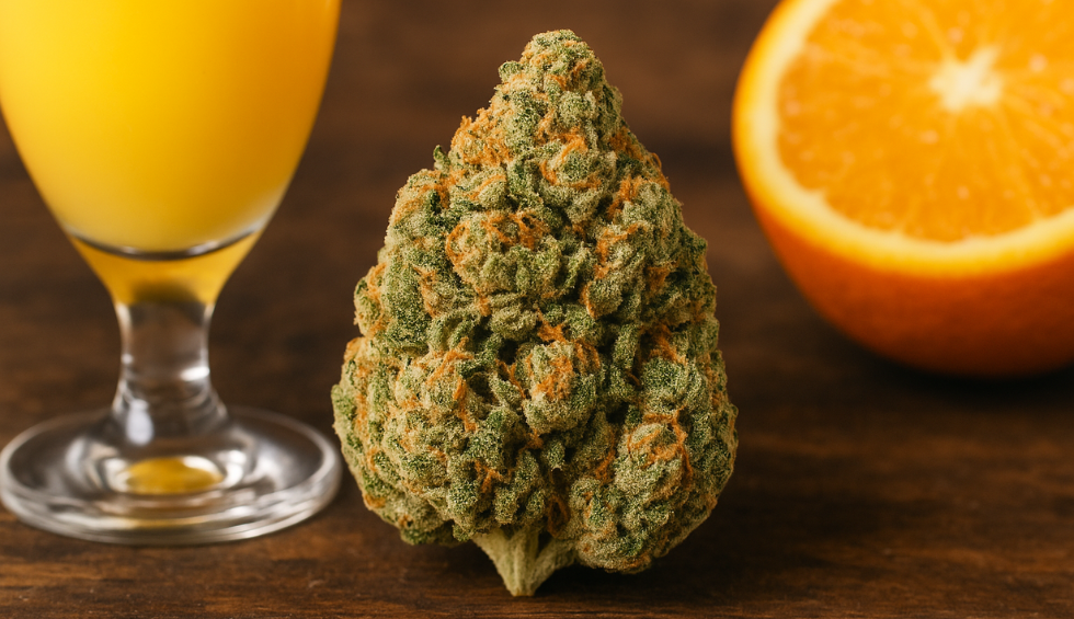 Mimosa cannabis bud with a glass of orange juice and a sliced orange on a wooden table