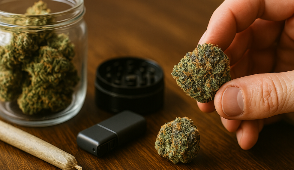 Hand holding a Monkey Grease cannabis bud with jar, grinder, pre-roll, and lighter on a wooden table
