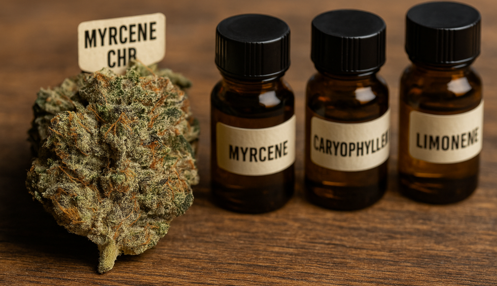 Monkey Grease cannabis bud with bottles labeled Myrcene, Caryophyllene, and Limonene terpenes on a wooden table