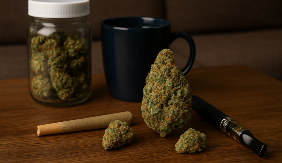 Monkey Grease cannabis buds with a pre-roll, vape pen, and jar of flower on a wooden table, ideal for evening relaxation