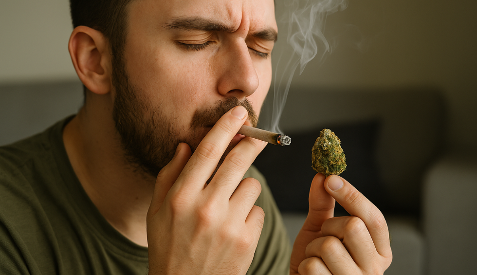 Man smoking a cannabis joint while holding a green cannabis bud, with smoke rising indoors