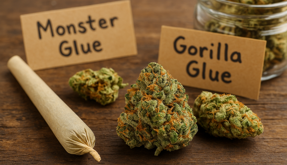 Side-by-side cannabis buds labeled Monster Glue and Gorilla Glue with a pre-rolled joint on wooden surface