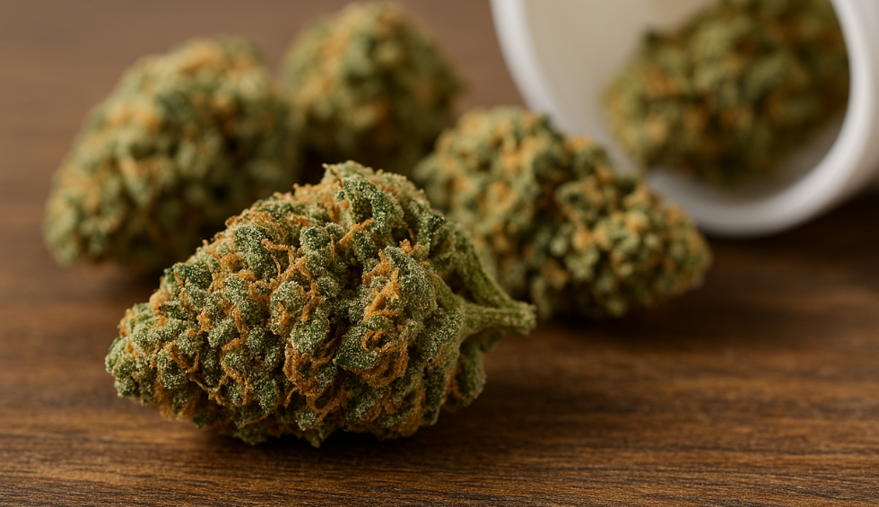 Dense green cannabis buds with orange hairs spilling from a white container onto wooden surface
