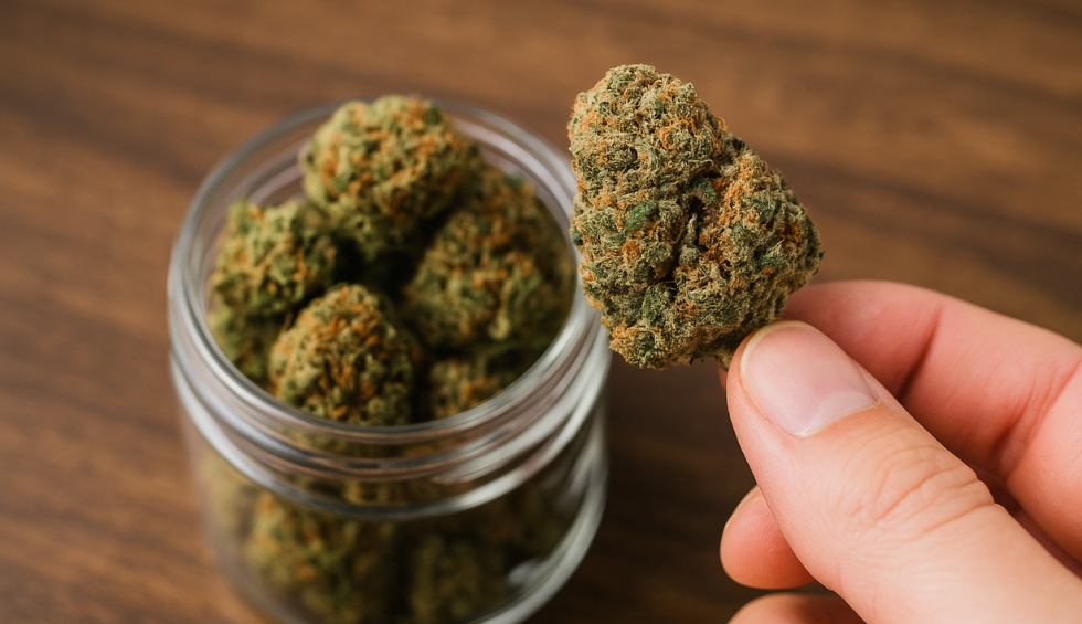 a hand holding a dense green cannabis bud above a glass jar filled with similar buds on a wooden table