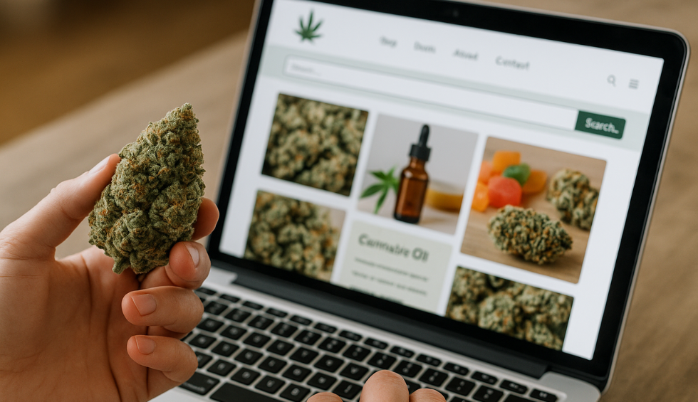Person holding a cannabis bud while browsing an online dispensary website featuring cannabis products on a laptop