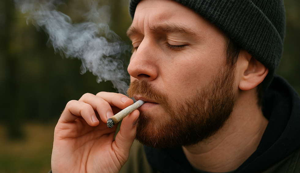 A bearded man in a knit cap exhaling smoke while smoking a cannabis joint outdoors