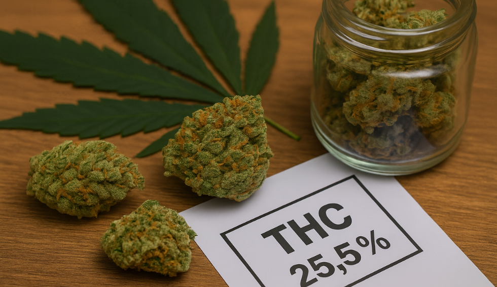 Close-up of cannabis buds with a jar, cannabis leaf, and paper reading THC 25.5% on a wooden table