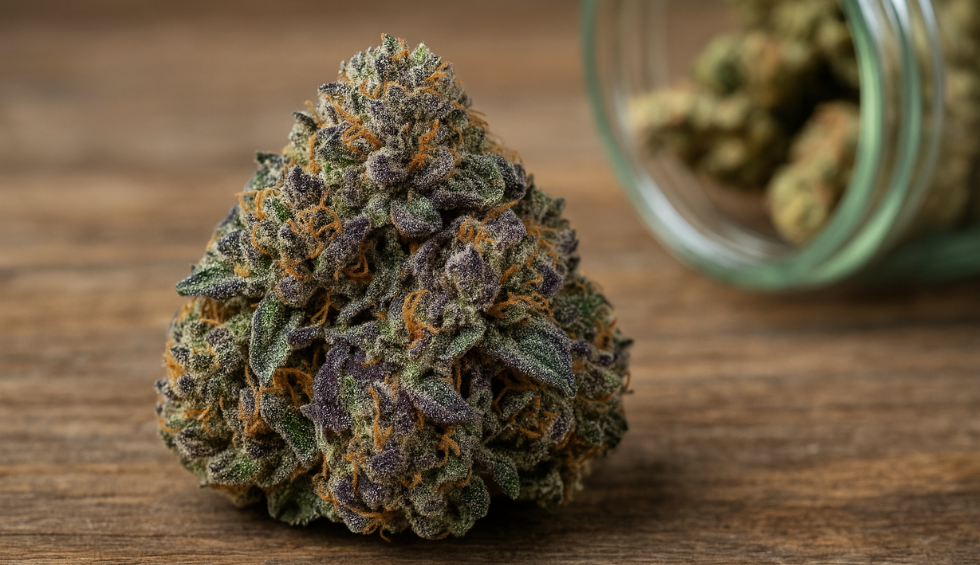 Close-up of Monster Glue cannabis strain showing dense purple-green bud with orange hairs on wooden surface