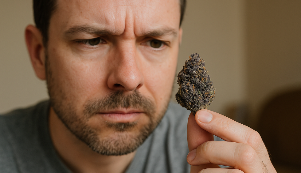 Man closely examining a Black Diamond cannabis bud with a serious expression