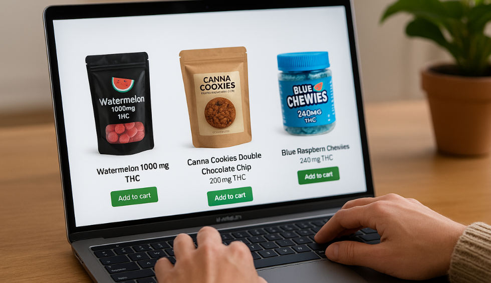 Person browsing DispensaryNearMeNow site showing Watermelon, Canna Cookies, and Blue Raspberry THC gummies