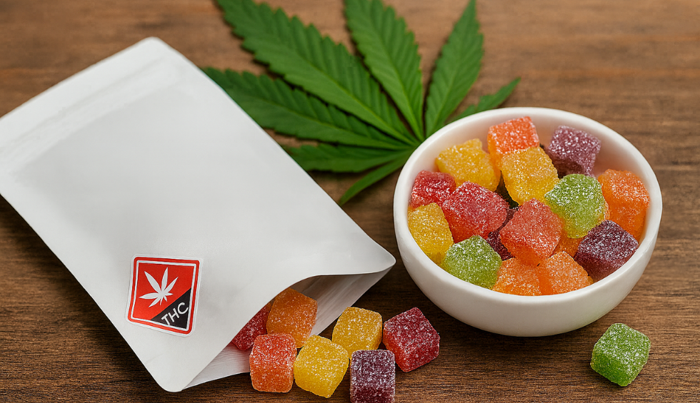 Colorful cannabis gummy edibles in bowl with THC-labeled package and cannabis leaf on wooden table