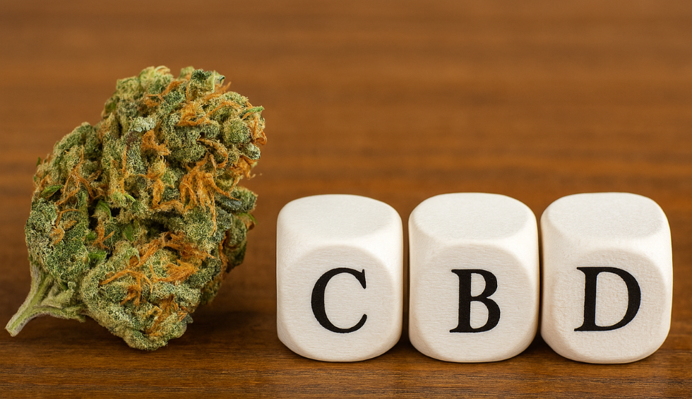 CBD hemp flower next to wooden blocks spelling CBD on a wooden table