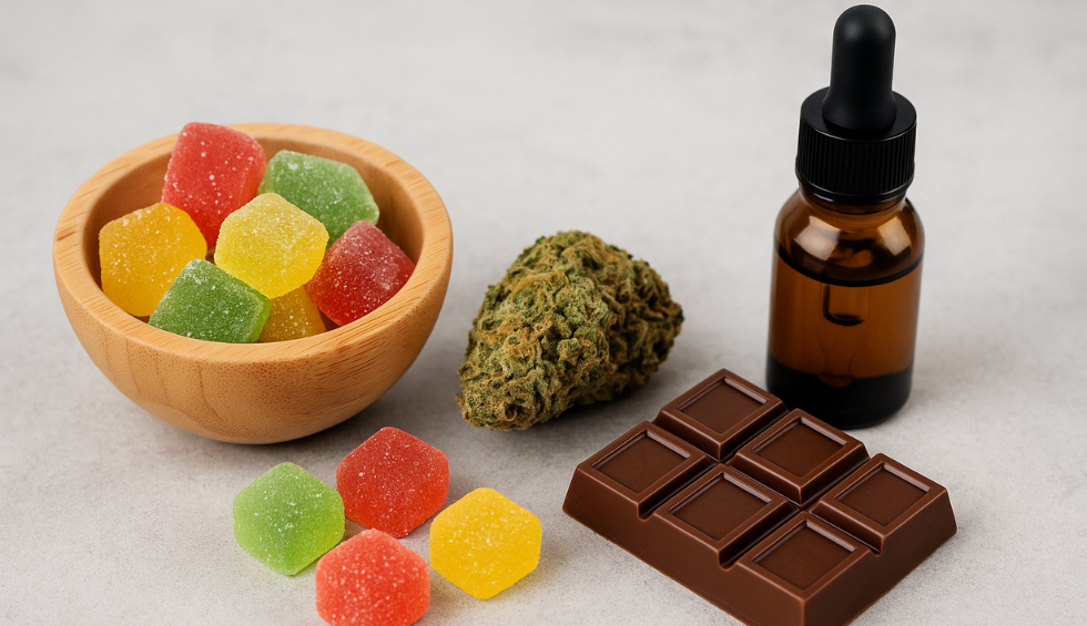 Cannabis edibles with chocolate bar, oil dropper, and cannabis bud to bundle with online orders in Canada