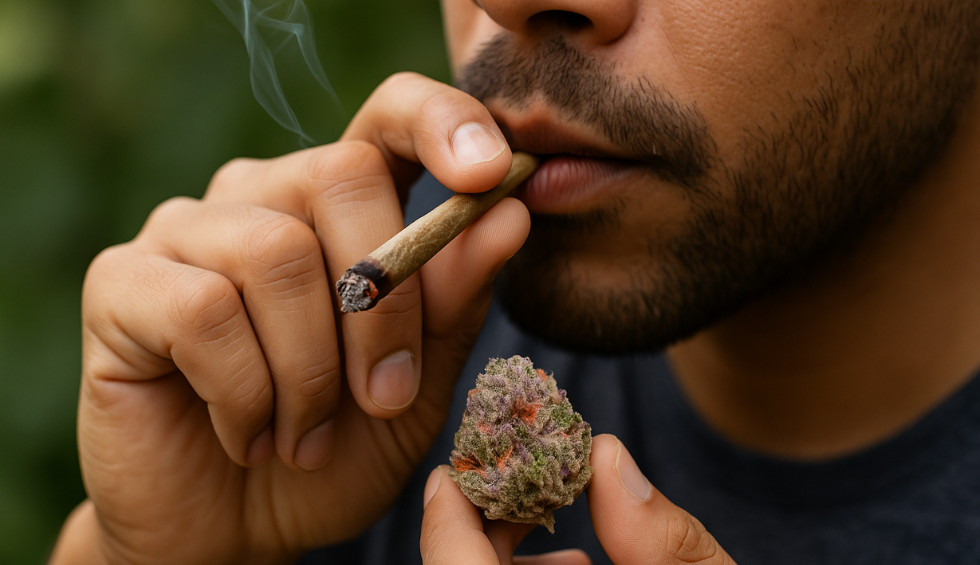Person smoking a joint while holding a colorful Pink Goo cannabis bud, illustrating the strain’s relaxing effects